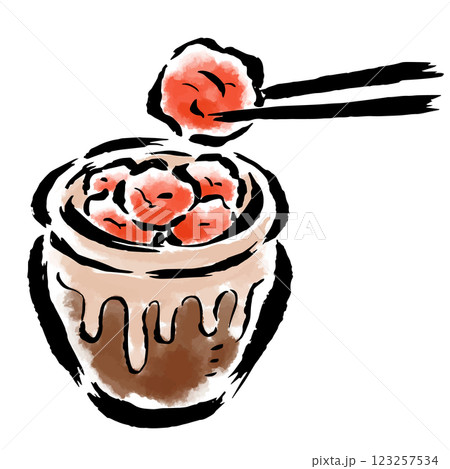 壺に入った梅干し　箸でつまんだ梅干し　筆タッチ手描きイラスト 123257534