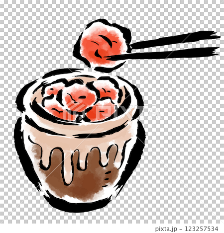 壺に入った梅干し　箸でつまんだ梅干し　筆タッチ手描きイラスト 123257534