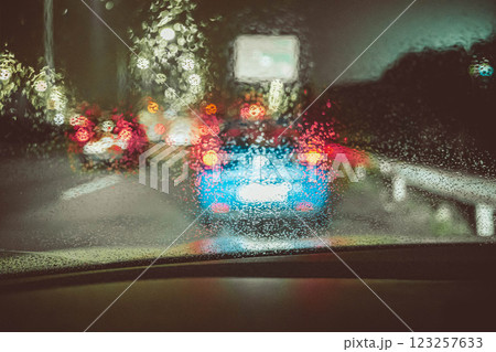 Rainy Night with Colorful Traffic Lights and Bokeh 123257633