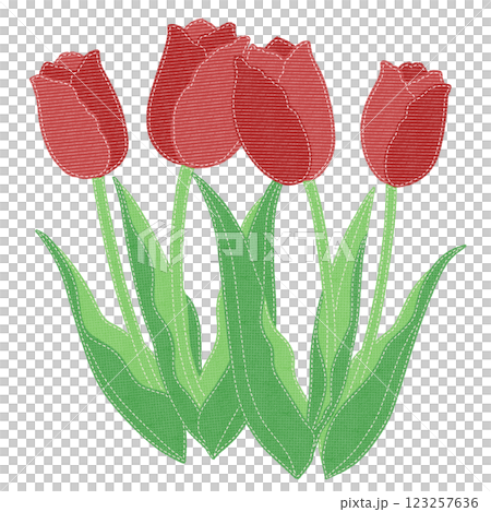 Illustration of red tulips in a patch style with stitches 123257636