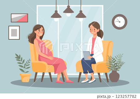 Pregnant woman at consultation with doctor.Monitoring pregnancy and healthy. Flat style illustration. Pregnant woman at consultation with doctor.Monitoring pregnancy and healthy. Flat style illustration. 123257782