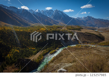 Scenic view of a river valley with snow-covered mountains and forest 123257985