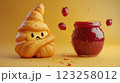 A whimsical croissant character with a sad expression sits beside a jar of red jam. The background is a vibrant yellow, enhancing the playful theme of breakfast treats. 123258012