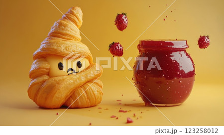 A whimsical croissant character with a sad expression sits beside a jar of red jam. The background is a vibrant yellow, enhancing the playful theme of breakfast treats. 123258012