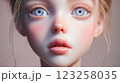 A close-up of a stylized anime character with large blue eyes, pale skin, and soft features. The character has long blonde hair styled in loose waves, emphasizing a serene expression. 123258035