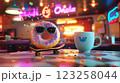 A fun scene features a smiling donut wearing sunglasses on a skateboard beside a cheerful coffee mug. The vibrant interior includes colorful neon lights and confetti, creating a lively atmosphere. 123258044