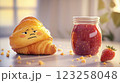 A croissant with a facial expression sits next to a jar of strawberry jam and a fresh strawberry. The scene is bright and colorful, featuring cozy kitchen vibes. 123258048