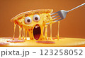 A playful slice of pizza with large cartoonish eyes and an open mouth, dripping with melted cheese. The background is a warm orange color, enhancing the food theme. 123258052