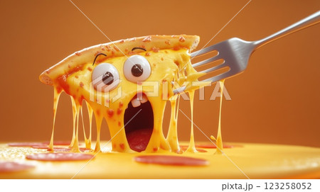 A playful slice of pizza with large cartoonish eyes and an open mouth, dripping with melted cheese. The background is a warm orange color, enhancing the food theme. 123258052