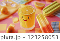 A cheerful, vibrant scene featuring a cartoonish lemonade drink with a smiling face. Bright orange color dominates with popsicles and citrus fruits in the background. 123258053