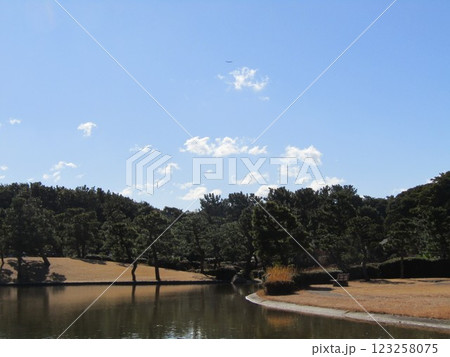 二月の稲毛海浜公園浜ノ池からの青空と白い雲 123258075