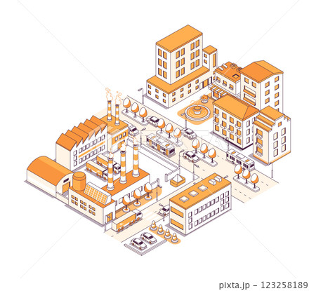 Industrial part separated from residential - vector isometric illustration 123258189