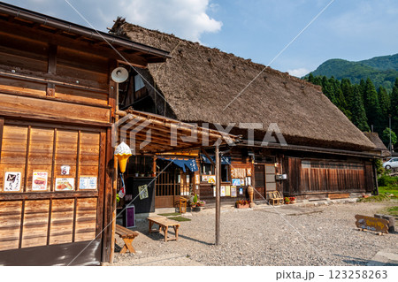 世界遺産　白川村（白川郷） 初夏の花と合掌造り 6月 123258263