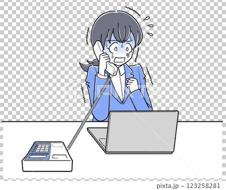 A woman in a suit with telephone phobia answering the phone while feeling scared (simple) 123258281