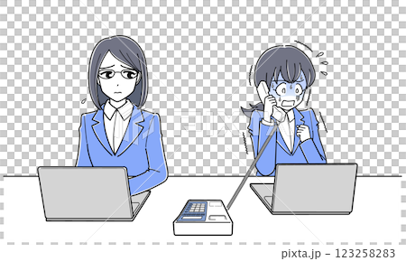 怖がりながら電話対応している電話恐怖症の女性と心配そうに見ているメガネの女性（シンプル） 123258283