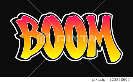 The word Boom written in graffiti style typography with a vibrant color gradient and a white outline The word Boom written in graffiti style typography with a vibrant color gradient and a white outline 123258606