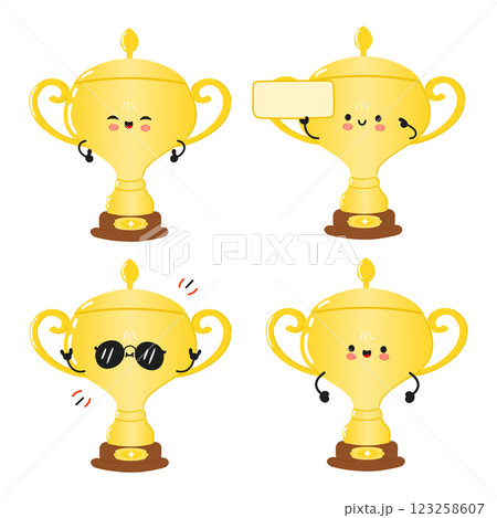 Funny Golden trophy cup characters bundle set. Vector hand drawn doodle style cartoon character illustration icon design. Cute Golden trophy cup mascot character collection 123258607