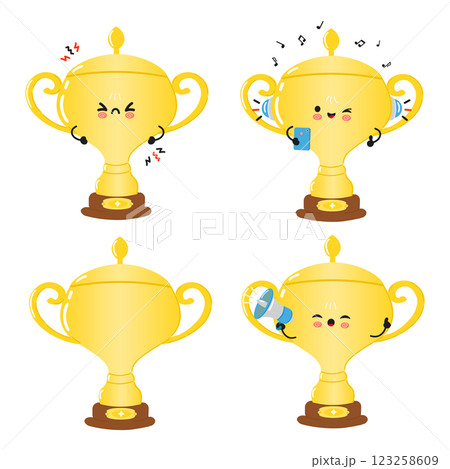 Funny Golden trophy cup characters bundle set. Vector hand drawn doodle style cartoon character illustration icon design. Cute Golden trophy cup mascot character collection 123258609