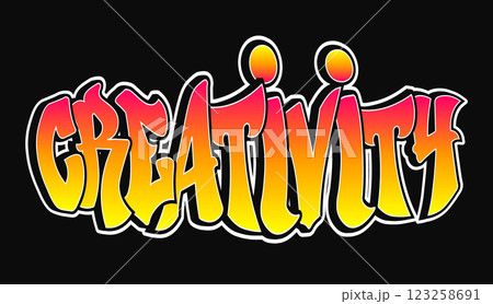 The word Creativity written in graffiti style typography with a vibrant color gradient and a white outline The word Creativity written in graffiti style typography with a vibrant color gradient and a white outline 123258691