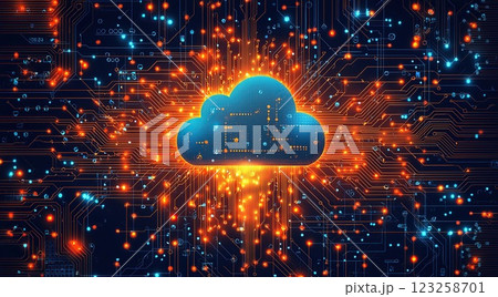 Digital cloud technology background with vibrant circuitry and data flow representations Digital cloud technology background with vibrant circuitry and data flow representations 123258701