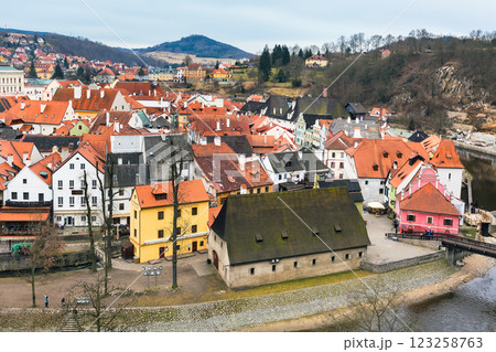 Cesky Krumlov historic center aerial view 123258763
