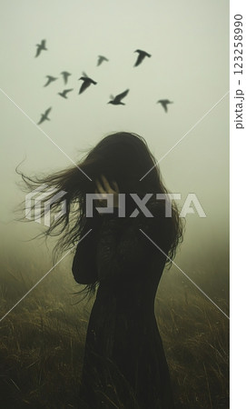 A lone woman stands in a windy field among flying birds, symbolizing sadness, loss, and loneliness. Generated AI. 123258990
