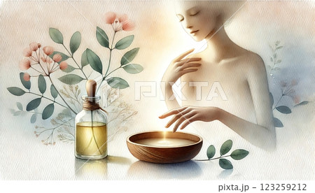 A serene woman touching a glowing liquid in a wooden bowl, with essential oil and botanical elements around. Generated AI. 123259212
