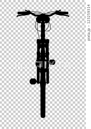 Black bicycle, front view. Black leather saddle and handles. Png clipart isolated on transparent background 123259314