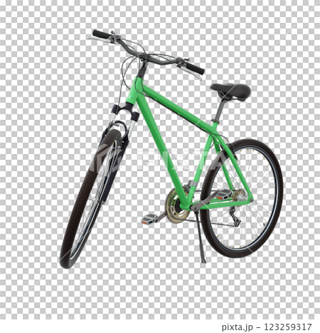 Green bicycle standing while leaning on kickstand, side front view. Bike resting on kick stand. Png clipart isolated on transparent background Green bicycle standing while leaning on kickstand, side front view. Bike resting on kick stand. Png clipart isolated on transparent background 123259317