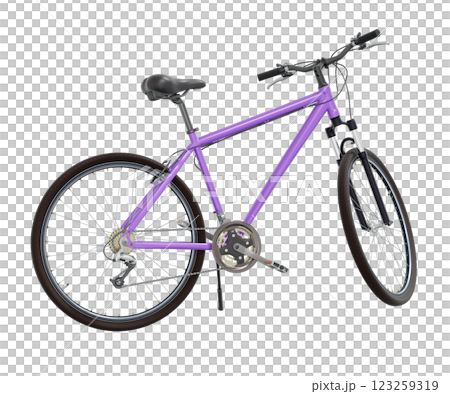 Purple bicycle standing while leaning on kickstand, side view. Bike resting on kick stand. Png clipart isolated on transparent background Purple bicycle standing while leaning on kickstand, side view. Bike resting on kick stand. Png clipart isolated on transparent background 123259319