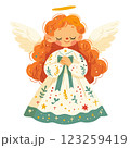 A cute little angel girl is holding a bow with wings and a halo above her head. 123259419