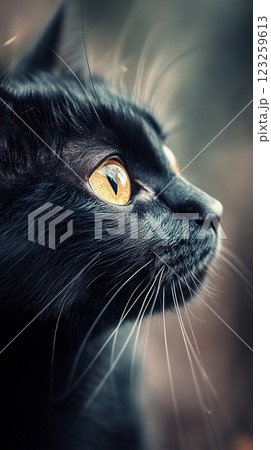 顔のアップ横向きの見つめる黒猫 顔のアップ横向きの見つめる黒猫 123259613