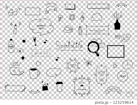 A set of hand-drawn, simple and cute line drawing speech bubble illustrations 123259614