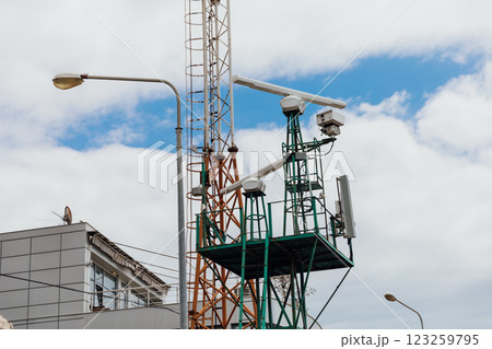 Nautical radar on the seashore with antennas Nautical radar on the seashore with antennas 123259795