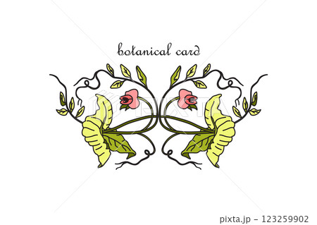 Botanical Card Design with floral elements. Hand drawn green peas plant with leaves and pods isolated on white background. Trendy artistic vector illustration for Birthday Wedding Invitation Greeting 123259902