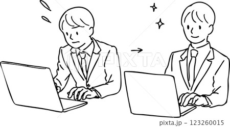 パソコンで議事録をとるスーツの男性のビフォーアフター パソコンで議事録をとるスーツの男性のビフォーアフター 123260015