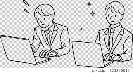 パソコンで議事録をとるスーツの男性のビフォーアフター パソコンで議事録をとるスーツの男性のビフォーアフター 123260015