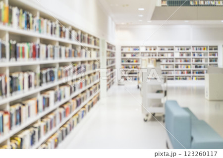 Library bookshelves stretching into distance with reading area. Concept of space and intellectual curiosity Library bookshelves stretching into distance with reading area. Concept of space and intellectual curiosity 123260117