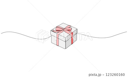 Gift box continuous line drawing. One line present with ribbon bow. Vector isolated on white. Gift box continuous line drawing. One line present with ribbon bow. Vector isolated on white. 123260160