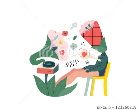 Life Unframed: Flower music -modern flat vector concept illustration of person listening to gramophone. Metaphor of unpredictability, imagination, whimsy, cycle of existence, play, growth, discovery 123260219