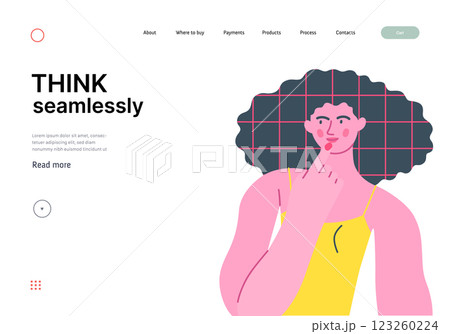 Thinking people, modern flat vector concept illustration- woman standing thoughtfully, looking sideways. Metaphor for reflection, analysis, introspection, contemplation, deep thought 123260224