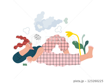 Life Unframed: Cloud dreamer -modern flat vector concept illustration of a girl watching clouds. Metaphor of unpredictability, imagination, whimsy, cycle of existence, play, growth and discovery 123260225