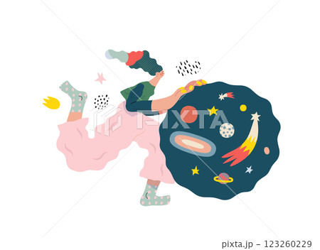Life Unframed: Space -modern flat vector concept illustration of a encapsulated universe pusher. Metaphor of unpredictability, imagination, whimsy, cycle of existence, play, growth and discovery 123260229