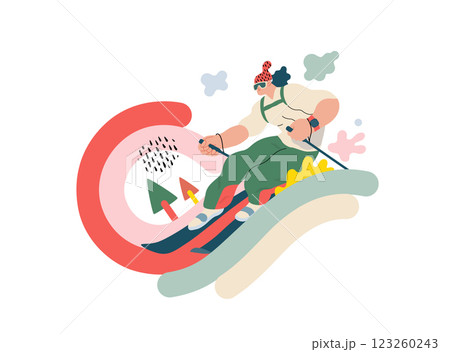 Life Unframed: Skier -modern flat vector concept illustration of skier races down slope of rainbow. A metaphor of unpredictability, imagination, whimsy, cycle of existence, play, growth and discovery 123260243