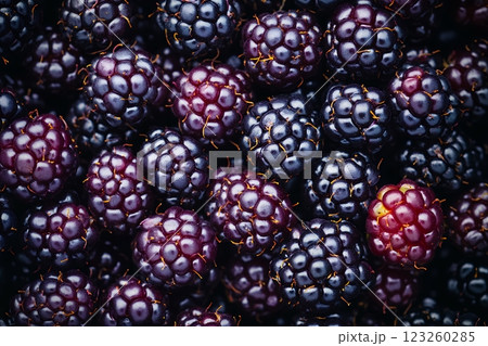 新鮮なブラックベリーのクローズアップと艶やかな紫黒色の果皮  123260285