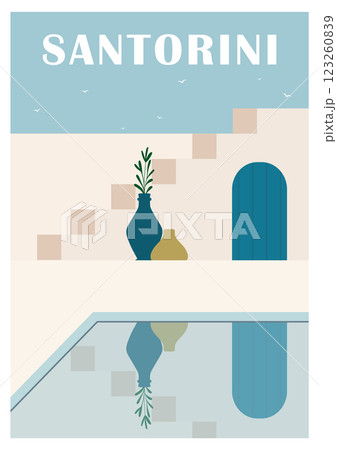 Greece Santorini travel poster. Greek white buildings illustration. Mediterranean European culture Greece Santorini travel poster. Greek white buildings illustration. Mediterranean European culture 123260839