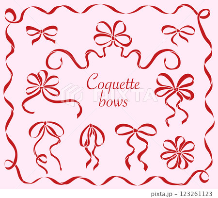 Cute Red Coquette Bow knots isolated on pink background. Hand-Drawn Girly bows letter writing stationery. Trendy feminine romantic icons for Wedding celebration, holiday, party decoration, gift Cute Red Coquette Bow knots isolated on pink background. Hand-Drawn Girly bows letter writing stationery. Trendy feminine romantic icons for Wedding celebration, holiday, party decoration, gift 123261123