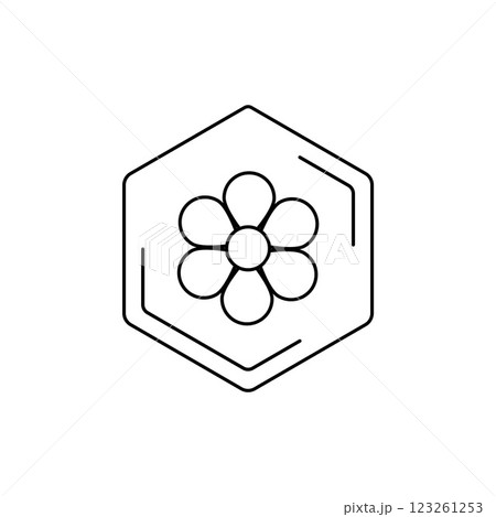 chamomile Vector black line pictogram. Minimalist flower emblem inside hexagon outline. Floral themes, pollen, field honey in a minimalistic style. chamomile Vector black line pictogram. Minimalist flower emblem inside hexagon outline. Floral themes, pollen, field honey in a minimalistic style. 123261253