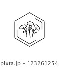 Chamomiles Vector black line pictogram. Minimalist flower emblem inside hexagon outline. Floral themes, pollen, field honey in a minimalistic style. 123261254