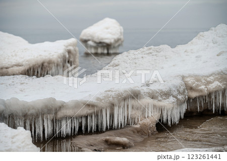 Close-up shot of the Frozen ice blocks in Baltic sea water on the shore, Kaltene, Latvia 123261441